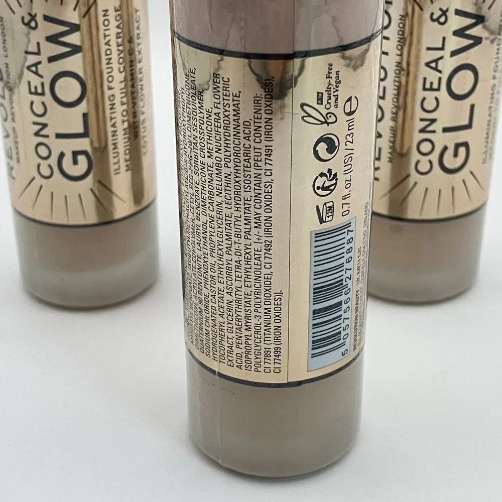 Revolution Conceal & Glow Foundation F6 - Illuminating, 23ml, Cruelty-Free 3set
